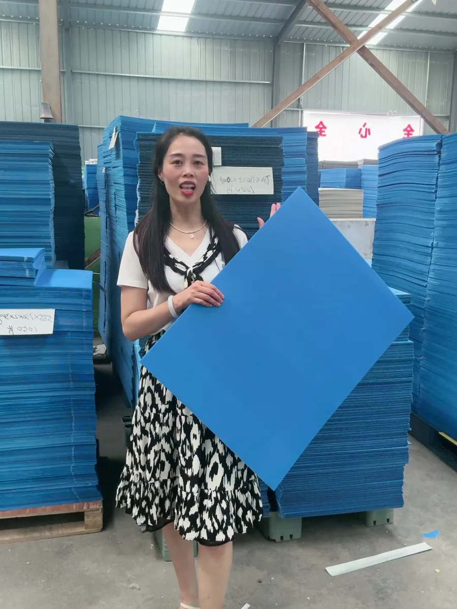 A blue PP sheet held in front of stacked converted sheets