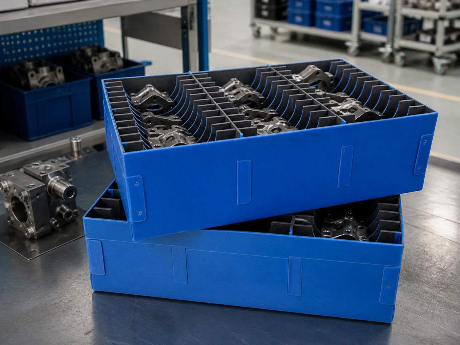 Automotive components organized for protective returnable packaging