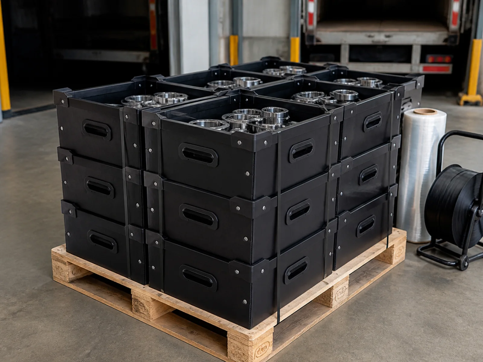 Industrial export packaging prepared for transport and storage