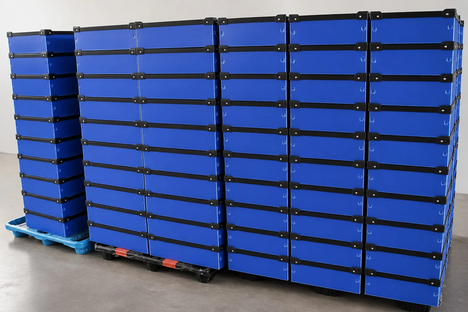 Stacks of blue foldable PP corrugated boxes prepared for returnable logistics