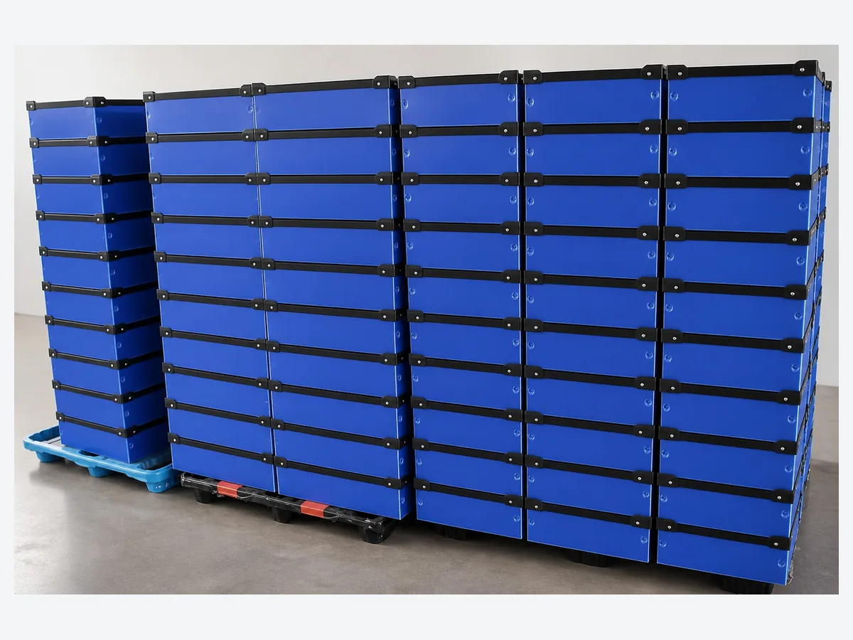 Stacks of blue foldable PP corrugated boxes prepared for returnable logistics
