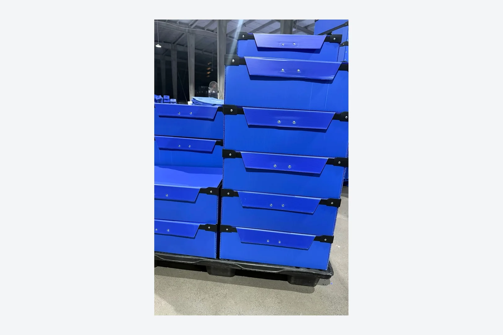 Blue open-front PP corrugated storage bins stacked for warehouse picking