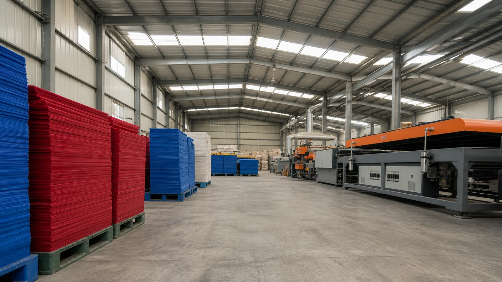 Reusable PP Packaging Solutions | Youqian Global Corrugated polypropylene packaging conversion equipment in a manufacturing workshop
