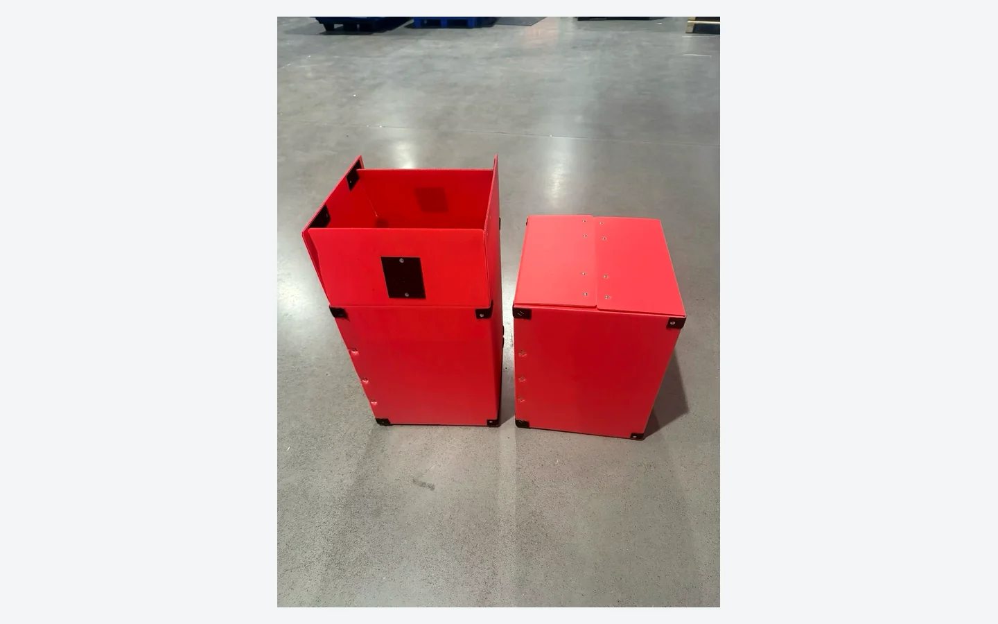 Red PP corrugated container prepared for custom box specification review