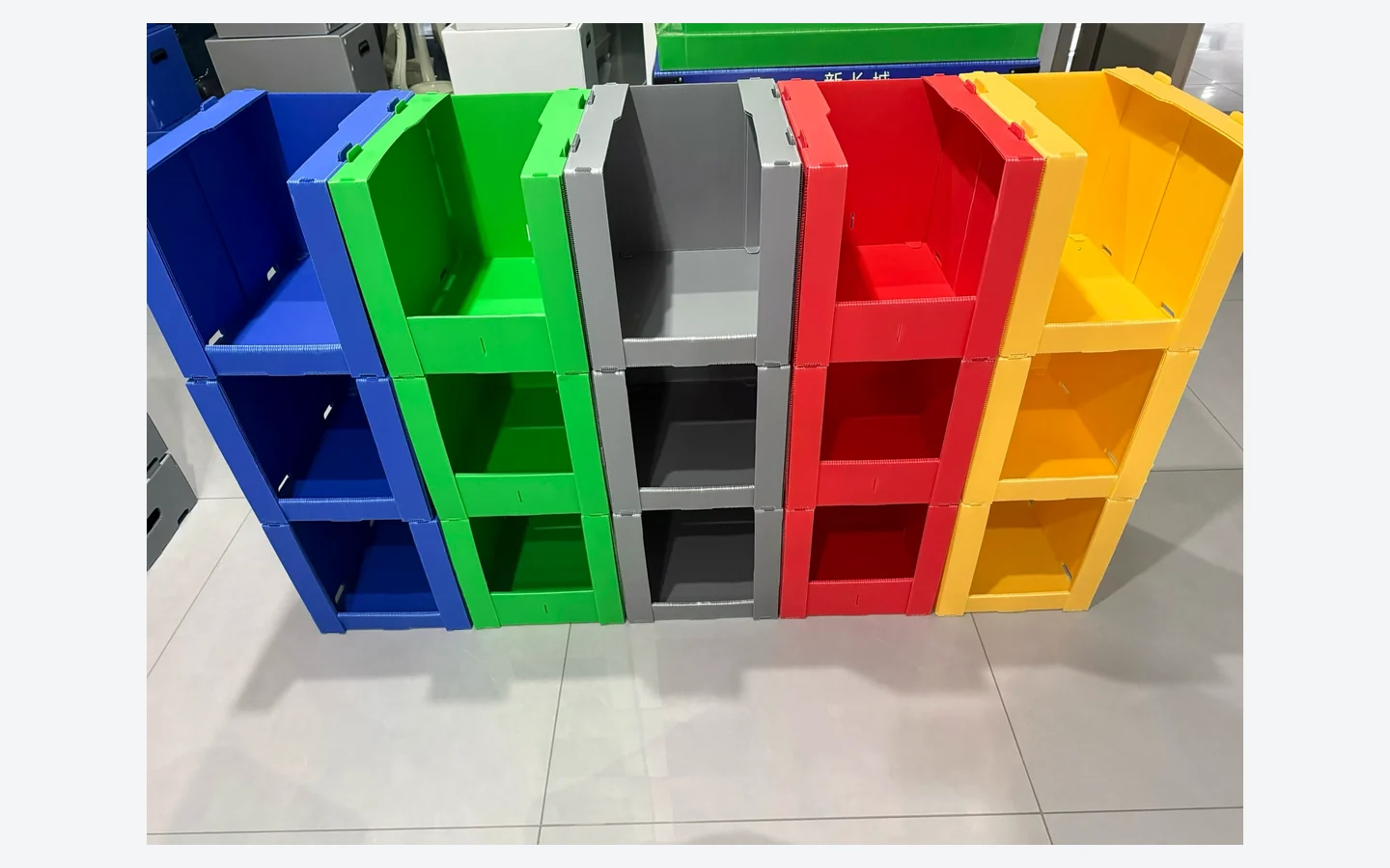 PP corrugated warehouse bins in distinct color options