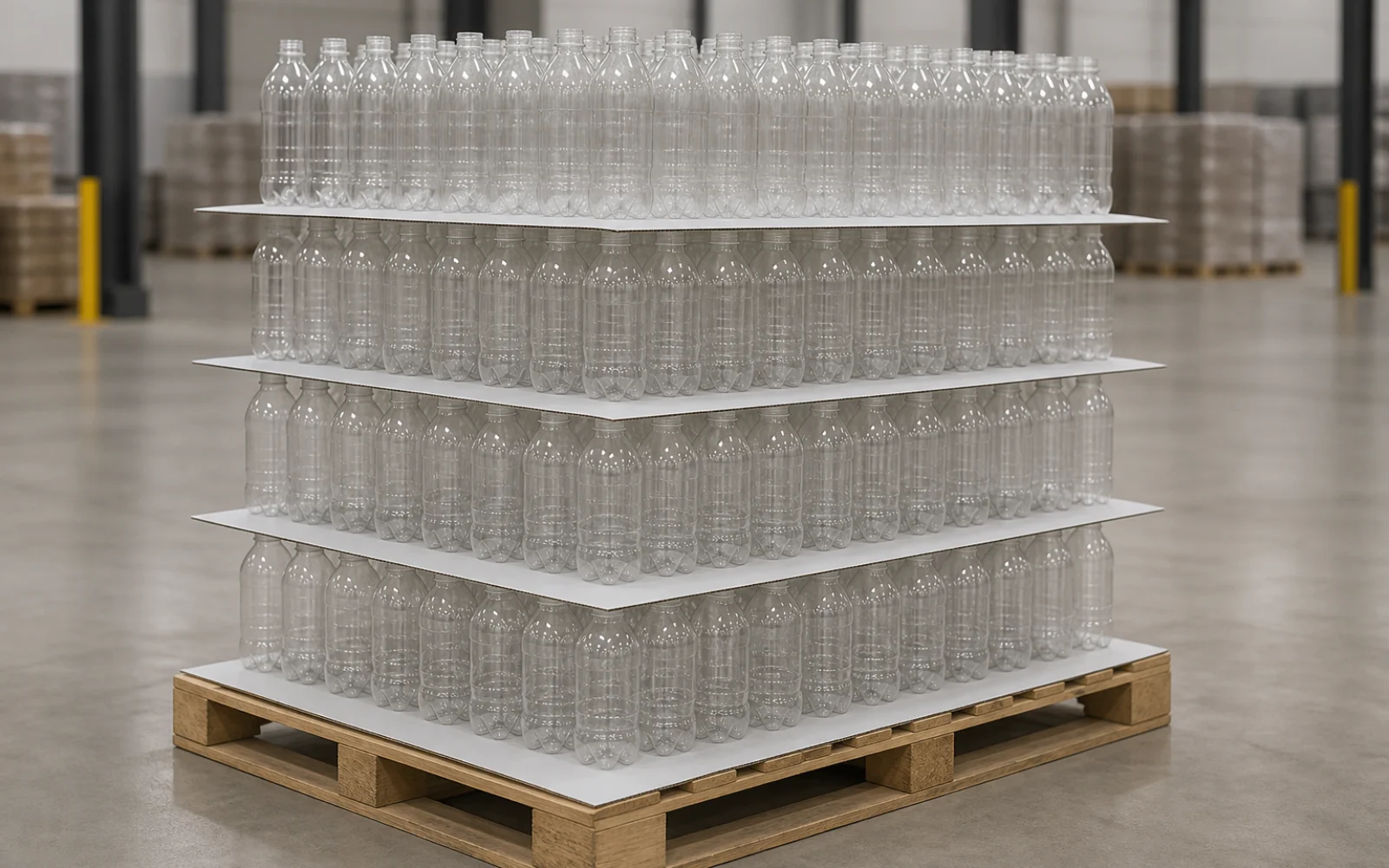 PP Layer Pad Layer pads separating rows of bottles on an industrial pallet